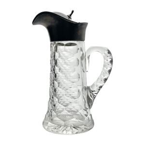 Antique Honey Comb Pattern Crystal & Silverplate Syrup Jar Pitcher 6” 4oz